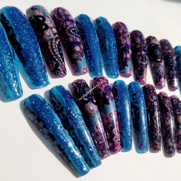 Blue Shimmer and Purple Mystique Abstract Distressed Design Xl Ballerina Nails - Picture 4 of 4
